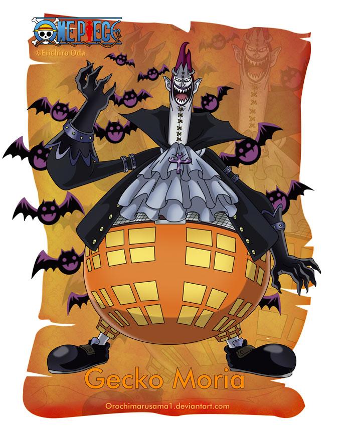 月光·莫利亚
Gecko Moria
身形巨大，长相怪异。拥有夺取别人影子的能力，被夺走影子的人曝露在阳光下就会被烧成灰烬，如果将影子置入尸体中，就可形成拥有原主人战力和性格的僵尸，但果实能力无法随之转换到僵尸身上，做任何事情都喜欢倚靠别人来帮他完成。曾在“新世界”和四皇之一凯多发生过大战。在“伟大航路魔鬼三角地带中与草帽海贼团激战后败北，在顶上战争后被世界政府除名。遭唐吉诃德·多弗朗明哥与PX军团攻击莫利亚利用恶魔果实能力逃出了和平主义者的围攻。