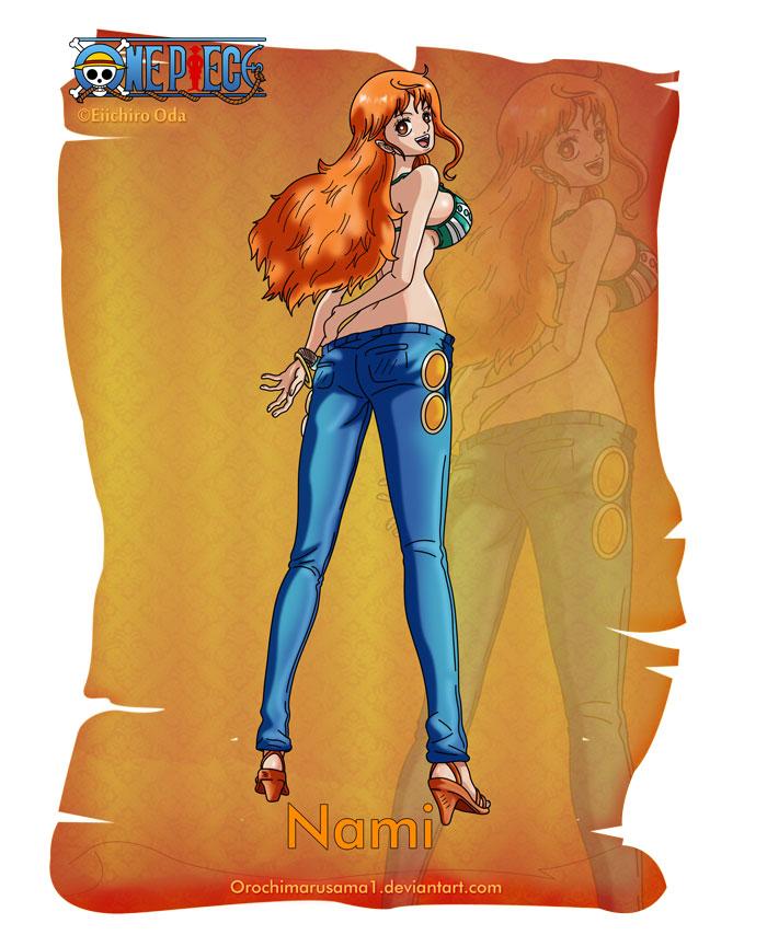 娜美
Nami
草帽海贼团的航海士。特征是橘色的短发（两年后为波浪长发）和左肩的刺青（风车与橘子的图案）。使用棍术，现在武器为“魔法天候棒”。头脑聪明又机灵，精通气象学和航海术，擅长偷术，能用身体感知天气，完美指示航路，是个能精确画出航海图的天才航海士。本质上是个细心、善良、重视感情、嫉恶如仇、偶尔有些温柔的能干的女性。最喜欢钱和橘子，梦想是要画出全世界的地图。