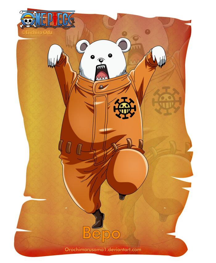 培波
Bepo
一只会说话的北极熊，身形较一般人类巨大；抵受不了高温环境。他也是一名红心海贼团船员，绰号“野兽”，熊人，兽人族，类似于中国武术的体术，战斗时会发出“啊咿啊咿~哟”类似李小龙的叫声；曾在香波地群岛上独力打倒好几个海军士兵。与其他船员不同的是，他穿着的全身工作服是橙色的。性格比较脆弱，抗压性很低，被旁人批评后会低头道歉。