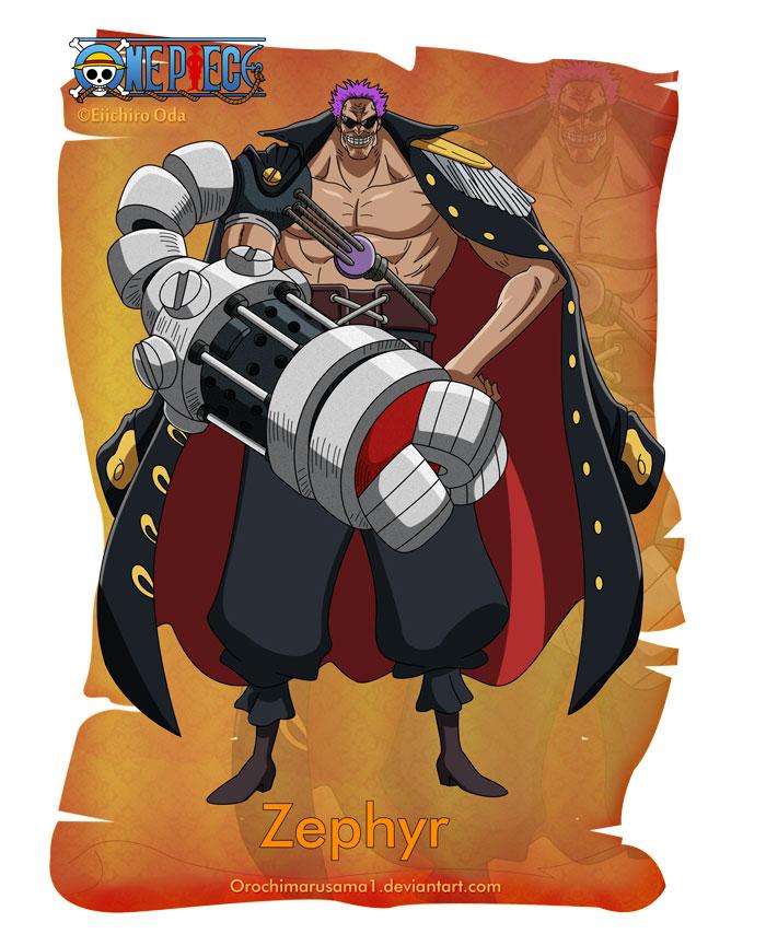 泽法
Zephyr
泽法手上装有巨大铁臂粉碎机，对海贼无比憎恨，不惜夺走DYNA岩，从而毁灭世界，最后因草帽一伙阻挠，海军的全力打击，最后战死疆场。