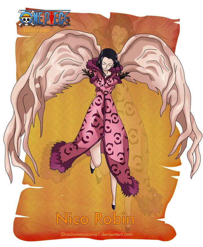 妮可·罗宾
Nico Robin
草帽海贼团的考古学家，出生在西海的考古学之岛“奥哈拉”。特征是头发长刘海后梳，额上架一副橙色眼镜，身穿一件深亮蓝马甲和粉橙色印花长裙，吃了“花花果实”的恶魔果实能力者，能让身体的任何部位像开花一样长在视线范围内的任何有形体的事物上并作出攻击或其他用途。目标是找到真正的历史正文，绝不饶恕践踏历史文物的人。
