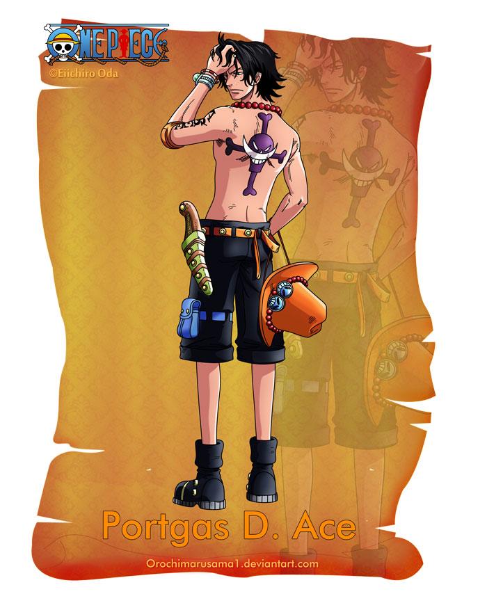 波特卡斯·D·艾斯
Portgas D. Ace
主角路飞的哥哥，海贼王 哥尔·D·罗杰 的儿子。黑发，常戴着一顶橘色的帽子，在帽子上有奸笑和难过这两种表情图案，而且帽子的绳子绑着一个骷髅头的牌子，是白胡子海贼团第二队队长，实力超群，曾被一度邀请加入七武海。后被黑胡子击败，并且交与海军，关押在海底大监狱。后因为保护路飞用身体去挡海军大将赤犬的岩浆拳，结果被贯穿了身体。内脏也被烧伤，船医通过检查发现其内脏已被烧坏无法医治，因伤势过重死亡。