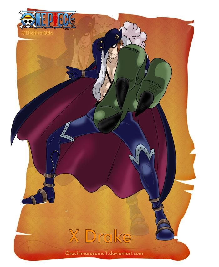 X·德雷克
X Drake
北海海军出身，曾为海军少将，后离开海军，现为德雷克海贼团船长，恶魔果实能力为动物系古代种恐龙果实--霸王龙形态。