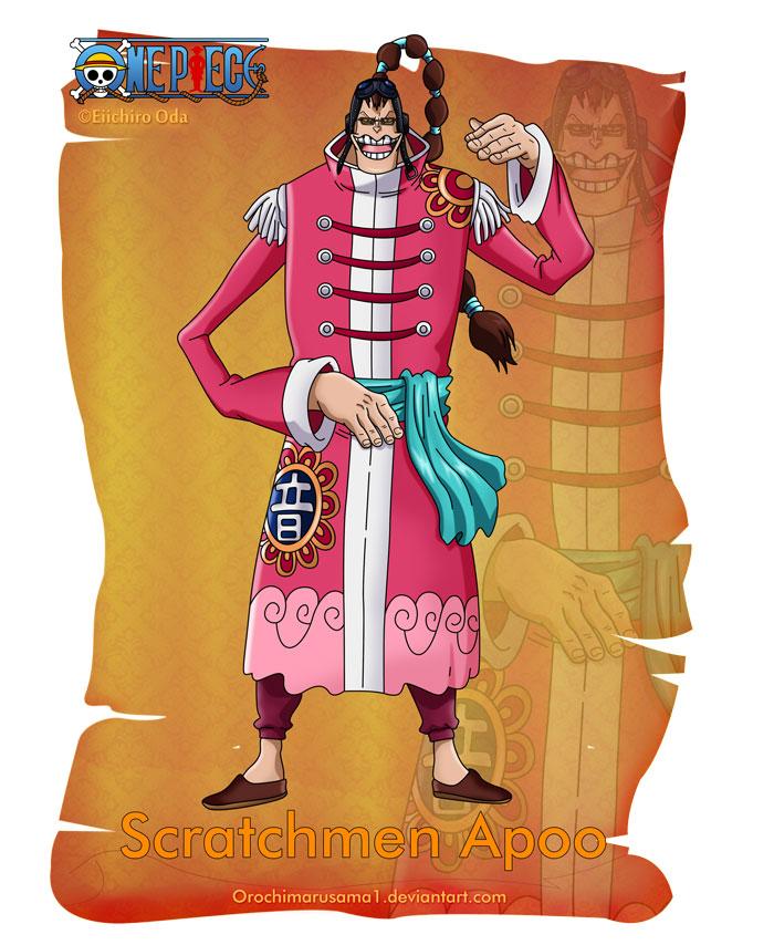 打碟音·阿普
Scratchmen Apoo
打碟音·阿普是广播海贼团船长，11位超新星的其中一人，原悬赏金额1亿9千800万贝里，在香波第诸岛排行第6名，伟大航路出身，“长手族”。一身中国装束，上面绣著一个“音”字，恶魔果实能力者。现悬赏金3亿5000万贝里。