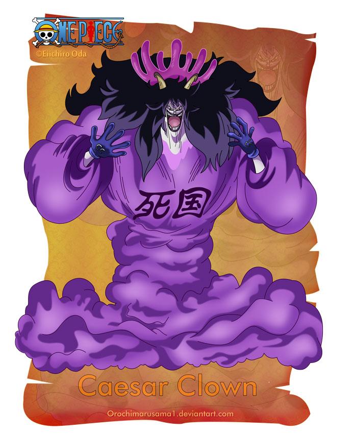 M·凯撒·库朗
Caesar Clown
原海军本部科学部队科学家，因进行各种惨无人道的实验而被科学部队驱逐并通缉，后与王下七武海之一的唐吉诃德·多弗朗明戈合作，藏身于庞克哈萨德（Punk Hazard），制造人造动物系恶魔果实——“SMILE”的原料“SAD”，诱拐儿童以进行巨人化实验，并向新世界各种势力兜售自己开发的毒气武器“死亡国度”。