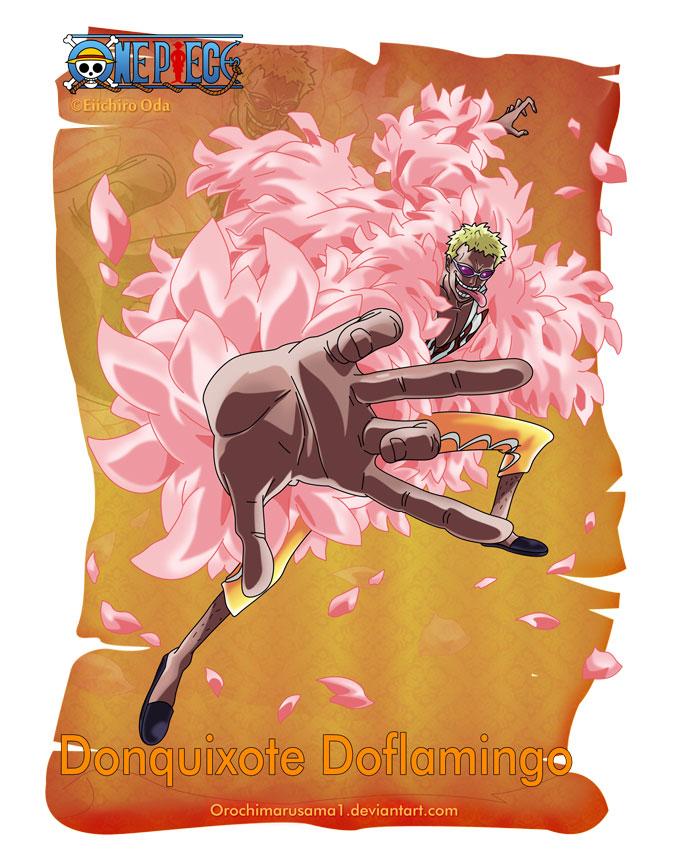 唐吉诃德·多弗朗明哥
Donquixote Doflamingo
唐吉诃德源自西班牙作家塞万提斯的反骑士小说《堂吉诃德》；而Flamingo的英语意思是火烈鸟。至于他在黑暗世界里的代号“JOKER”，则是取自扑克牌里的鬼牌。