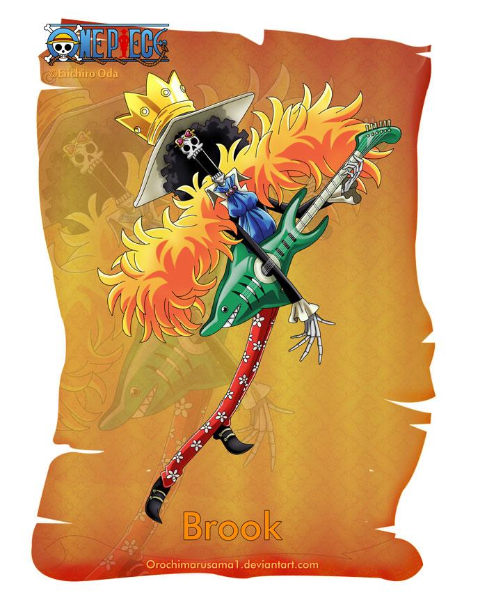 布鲁克
Brook
号称“鼻歌”，现为草帽海贼团音乐家。原本是某国护卫队团长，后加入伦巴海贼团，50年前跟鲸鱼拉布约定在“双子峡”重逢。后来在魔幻三角地带遇到敌人并遭遇毒手，因黄泉果实的能力，灵魂走出黄泉并准备回身体时，在魔幻三角地带迷路一年，找到的身体已变成骷髅，但爆炸头仍然存在，自此他只能以骷髅状态生存。幽灵岛战役结束后，从路飞口中得知伙伴拉布现在平安无事的消息，为了履行和拉布的约定，才正式加入草帽海贼团。