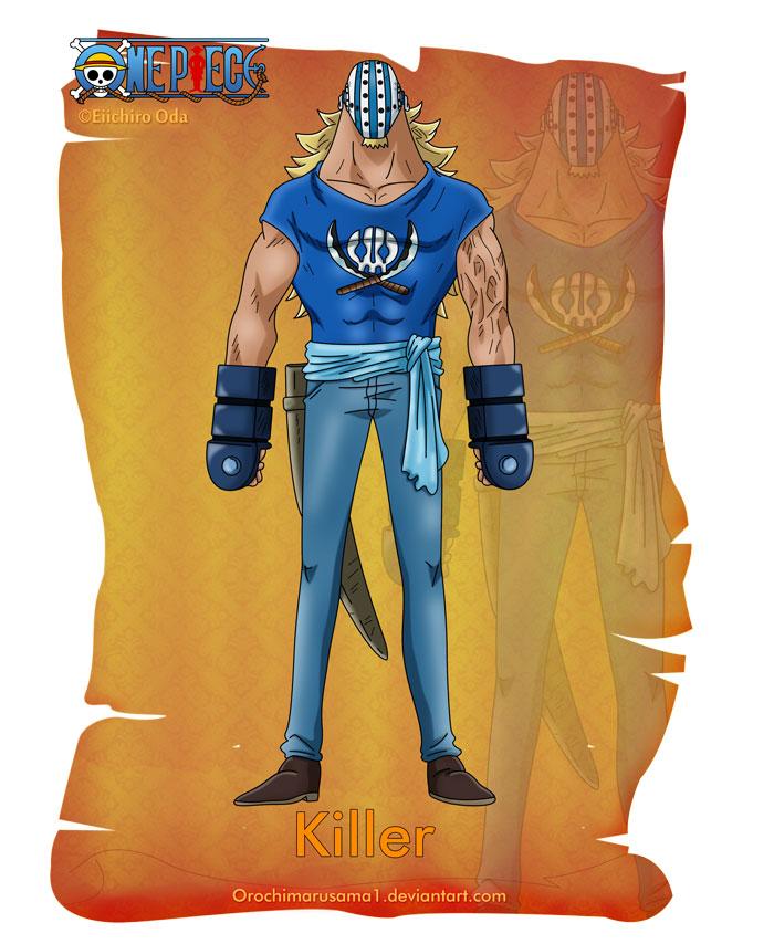 杀戮武人基拉
Killer
基德海贼团战斗员，悬赏金2亿贝里（海贼王677话COUNTER HAZARD）。很喜欢战斗的武士海贼，11位超新星的其中一人，原悬赏金1.62亿贝利，在香波地诸岛排行第7名，头上戴着面罩看不到其真面目，个性沉默，身手敏捷，武器为挂在手上的镰刀，手握住把柄时，镰刀还能高速地以握柄为中心旋转来攻击对手。名字的由来是凶手（Killer）。是团中唯一直称基德名字的船员。