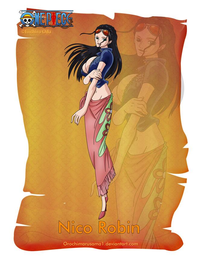 妮可·罗宾
Nico Robin
草帽海贼团的考古学家，出生在西海的考古学之岛“奥哈拉”。特征是头发长刘海后梳，额上架一副橙色眼镜，身穿一件深亮蓝马甲和粉橙色印花长裙，吃了“花花果实”的恶魔果实能力者，能让身体的任何部位像开花一样长在视线范围内的任何有形体的事物上并作出攻击或其他用途。目标是找到真正的历史正文，绝不饶恕践踏历史文物的人。