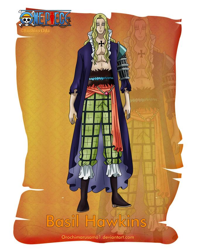 巴兹尔·霍金斯
Basil Hawkins
长着一头飘逸的金发，身材修长，额头有标志性的六道竖纹，左臂装有铠甲，喉结处纹有黑色十字架。黑色的裤子搭配敞怀的荷叶边白色上衣。
眉毛呈竖线，眼睛和嘴、鼻子都显示似乎是忧郁并且令人恐惧的外貌。