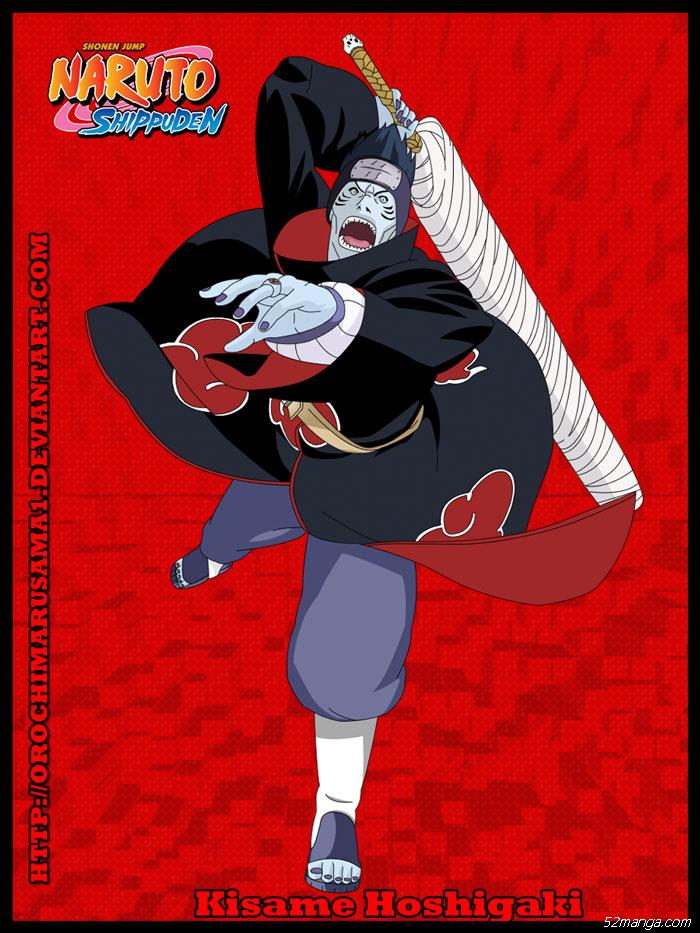 干柿鬼鲛
Kisame
晓组织成员之一，代号南（南斗），原本是雾隐村的忍者，也是“忍刀七人众”的一员，有着跟鲨鱼相像的面孔、肤色及尖锐的牙齿。擅长使用水遁及手上的异状大刀“鲛肌”（能吸取查克拉的大刀）进行攻击。由于体内拥有惊人的查克拉量，被称为“无尾之尾兽”。最终被迈特凯击败，自杀而亡。