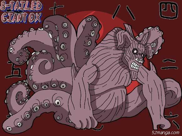 八尾 牛鬼（はちび ぎゅうき）
所属忍者村：云隐
封印术：铁甲封印
能力：雷遁、封印术-亿怒端数烦流奴
特征：身后为8条章鱼脚尾巴的红色蛮牛怪物，脑袋上左右各有2只角，其中左边的犄角在与三代雷影对决后被切断（然而断裂的尾巴却会恢复）。
人柱力：来自于雷之国的云忍 杀人蜂，为“雷影”之弟，其特征是背七把刀，而第八把是变身所产生的“雷犁热刀”，右边膊头上有“铁”字，左面额有牛角的纹迹，身型壮硕，皮肤黝黑，性格极其古怪，喜欢在战斗时RAP歌，其梦想是成为一名RAP歌手，但不容置疑的是他的力量，很轻易就能挥舞水月的“斩首大刀”和击败咒印状态下的重吾，与佐助所率的“鹰”进行一轮交战，曾一度占上风，击倒佐助一众；但最终被佐助所施的“天照”燃烧至昏去，但水月为了拖延时间，他以自己的生命换取时间。直到晓成员在封印时才发现捕获的杀人蜂竟然是八尾章鱼脚所变的分身，原来真正的杀人蜂早已在战斗过程中躲进另一只章鱼脚并刻意用那只脚捆住香磷，让佐助砍断后顺着水流逃离战场，为的是远离村子对他的束缚，虽然顺利逃离村子，但干柿鬼鲛找到了杀人蜂，在被鬼鲛杀死前的最后一刻，“雷影”一行人前来支援，杀人蜂与“雷影”合作，顺利击败了鬼鲛，并将鲛肌取走，但其实那时的鬼鲛只是替身，真正的鬼鲛躲藏在鲛肌中调查云隐的战力，但是后来鬼鲛和阿凯战斗时，杀人蜂又再度取回鲛肌。
后来鸣人与大和与杀人蜂到瀑布后面的修练地修行，并助鸣人成功得到九尾的力量，鸣人也因此与母亲见面，得知当年木叶忍者村遭九尾袭击的情形，后识破躲在鲛肌的鬼鲛，并将其打成重伤，但吸收杀人蜂的查克拉后逃走，由阿凯追上，为了取回机密不惜将八门遁甲开至七门，最终是阿凯-昼虎VS鬼鲛-大鲛弹，由阿凯的昼虎以惊人的差距战胜。
令人注意的是，八尾及其人柱力初次对决鬼鲛时，被忍刀鲛肌吸收查克拉后由尾兽状态2退回状态1，破解尾兽查克拉无限一说，证明尾兽是拥有一定的查克拉量。
第四次忍战人柱力监禁时，八尾坦承自己虽然不喜欢九尾，但是他认为九尾人柱力很有潜力，劝杀人蜂要帮助同为人柱力的鸣人，参战时曾多次和个性叛逆的九尾斗嘴，后来察觉到九尾由不合作至团结的改变。
在杀人蜂之前，还有四代雷影的堂兄弟及他的父亲、叔叔担任过八尾人柱力。